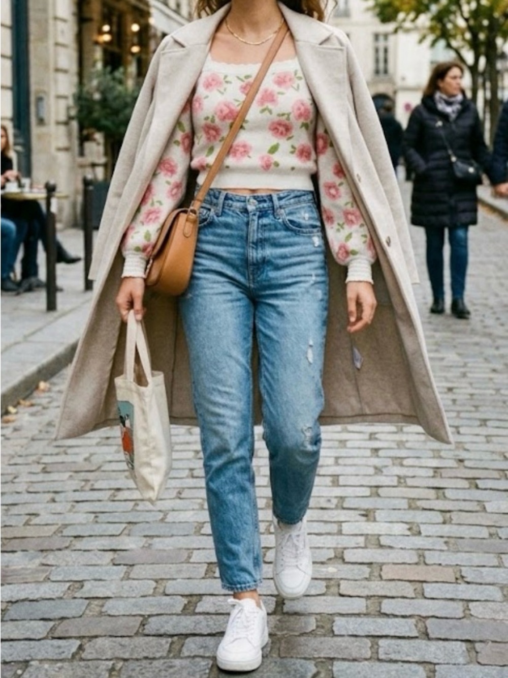 Floral Square-Neck Puff Sleeve Sweater - White with Pink Roses